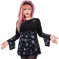 Kreepsville Spookshow Bell Sleeve Babydoll Top Blk/Grey Women's