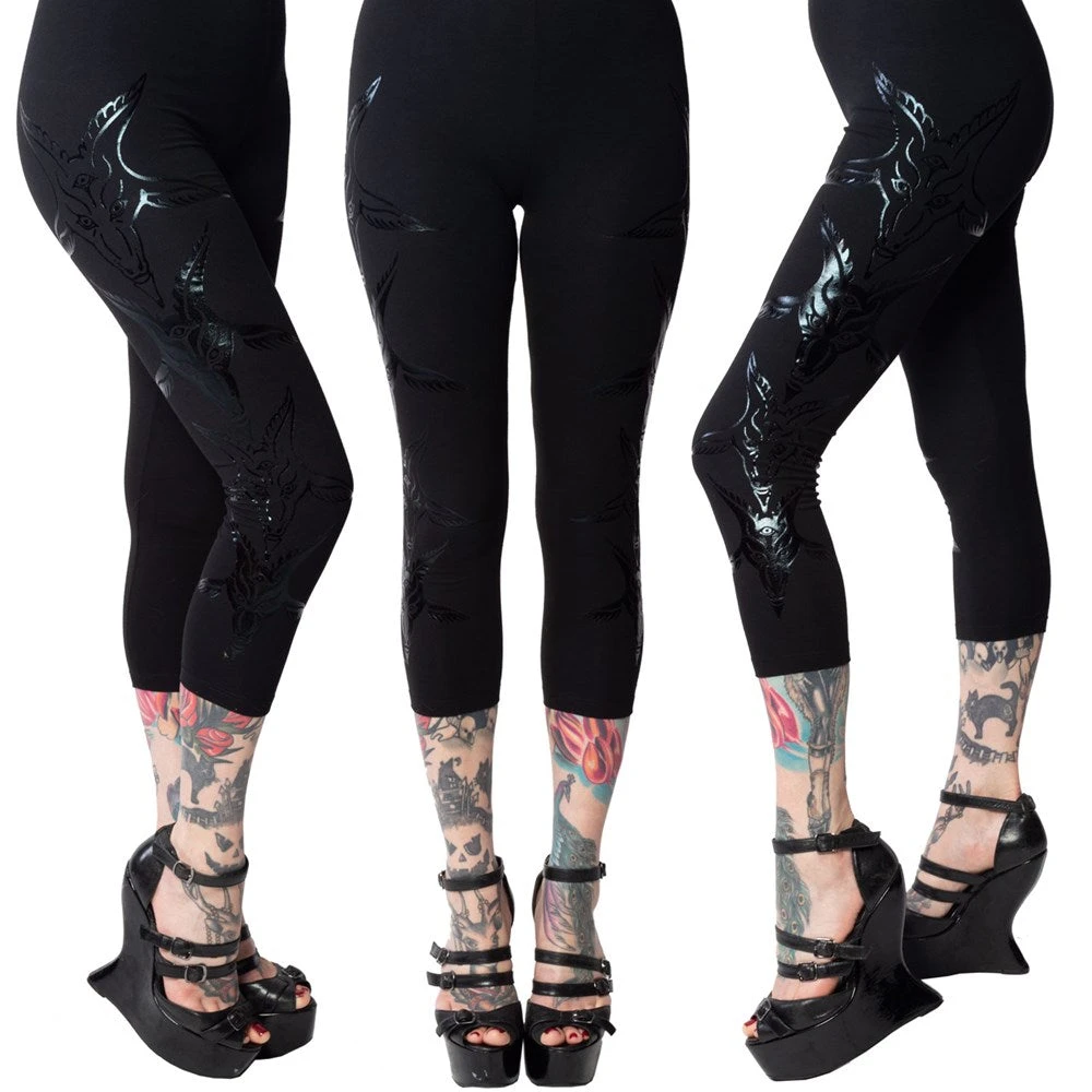 Kreepsville 666 Goathead Black Foil Capri Leggings Women's 3 Kreepsville 666 Goathead Black Foil Capri Leggings Women's