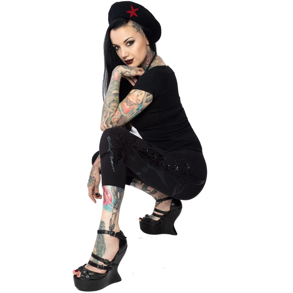 Kreepsville 666 Goathead Black Foil Capri Leggings Women's 4 Kreepsville 666 Goathead Black Foil Capri Leggings Women's